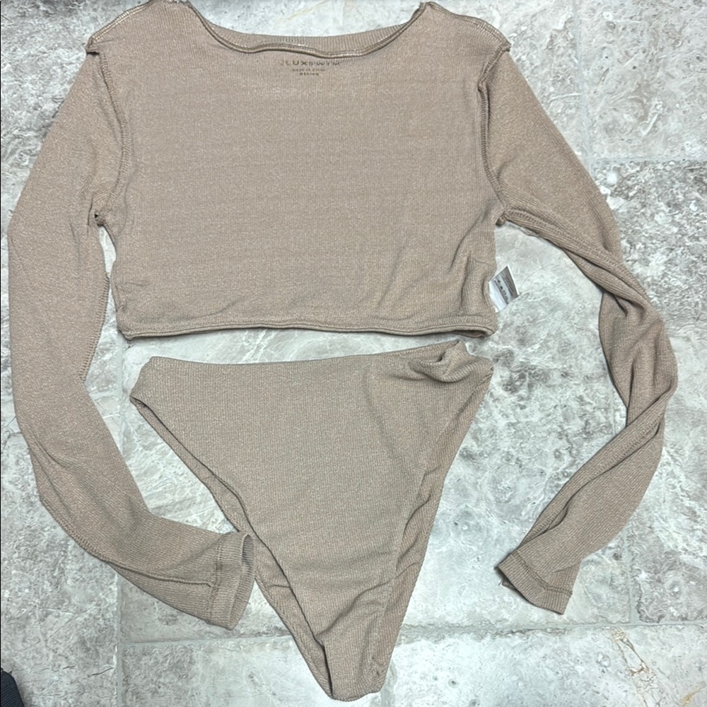 Jlux Swim Women's Tan Long Sleeve Crop Top and bottom